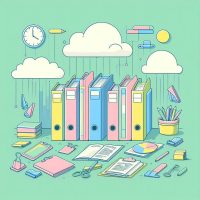 un visuel dans les tons pastel bleu rose jaune vert sur fond vert avec un dessin de classeurs