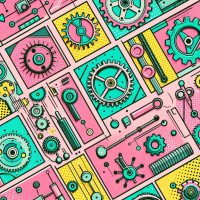 un visuel en style bd simple sur fond rose dans les tons pastel rose turquoise jaune et vert avec des mécanismes